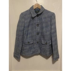 $188 Talbots 8P Petites Blue White Knit Wool Tweed Three Button Blazer Jacket